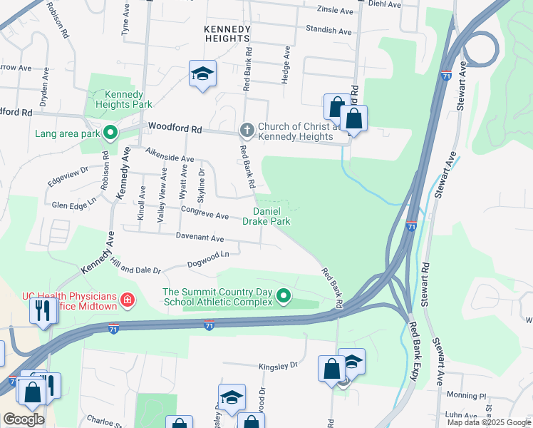 map of restaurants, bars, coffee shops, grocery stores, and more near 5800 Red Bank Road in Cincinnati