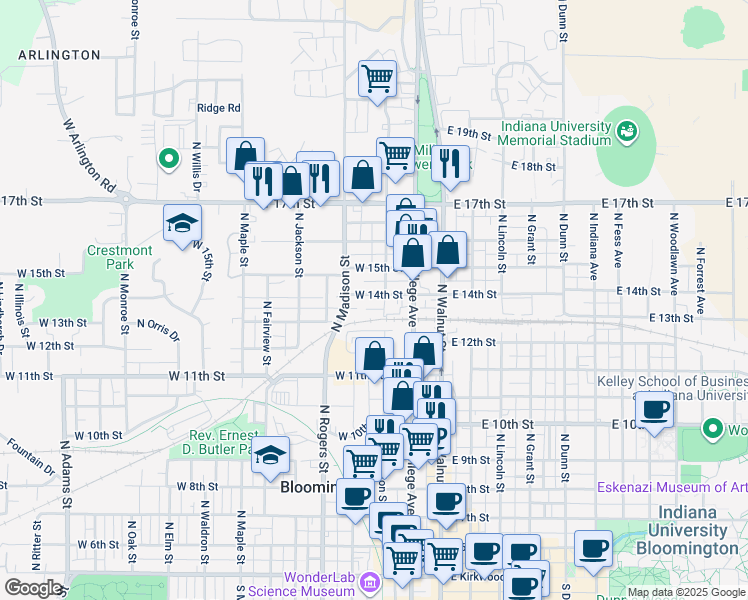 map of restaurants, bars, coffee shops, grocery stores, and more near 305 West 14th Street in Bloomington