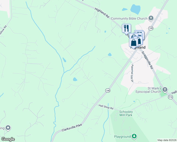 map of restaurants, bars, coffee shops, grocery stores, and more near 7145 Brooks Road in Highland