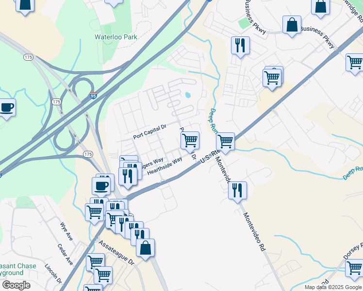 map of restaurants, bars, coffee shops, grocery stores, and more near 7604 Golden Slumber Lane in Elkridge