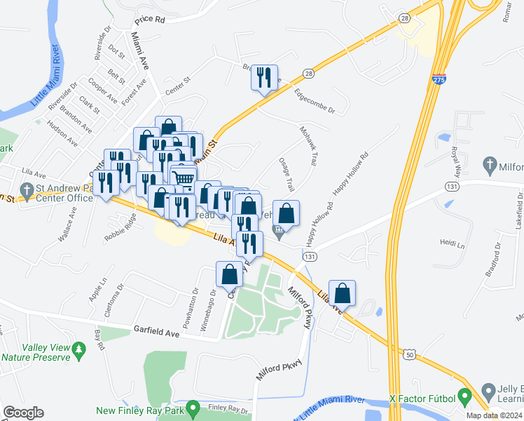 map of restaurants, bars, coffee shops, grocery stores, and more near 901 Mohawk Trail in Milford