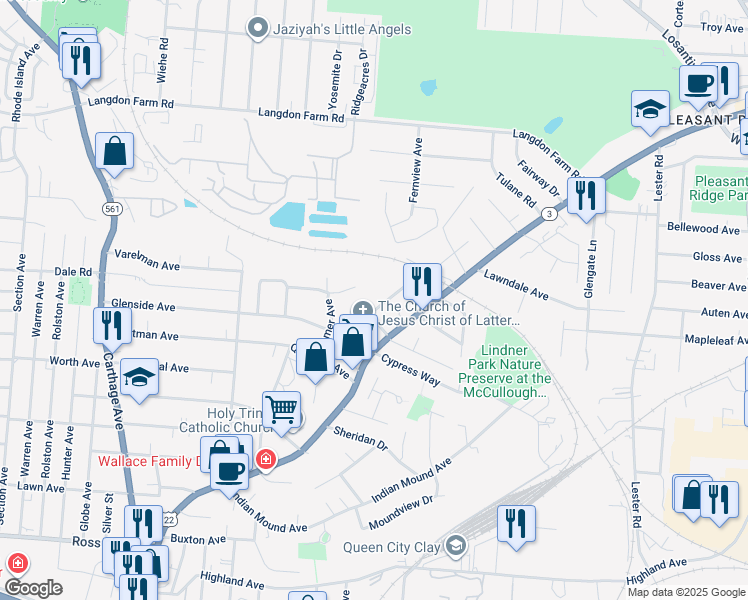 map of restaurants, bars, coffee shops, grocery stores, and more near 5517 Bosworth Place in Cincinnati