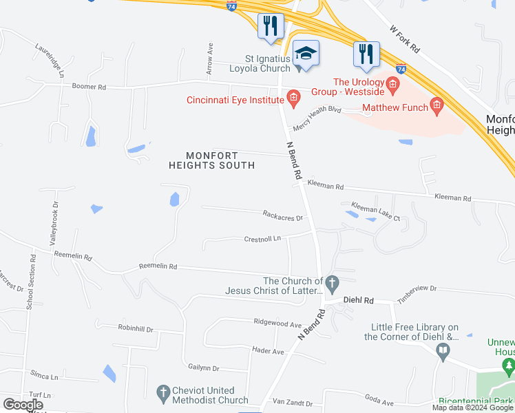 map of restaurants, bars, coffee shops, grocery stores, and more near 3591 Rackacres Drive in Cincinnati