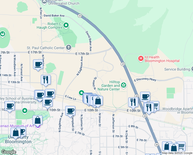 map of restaurants, bars, coffee shops, grocery stores, and more near 1130 North Union Court in Bloomington