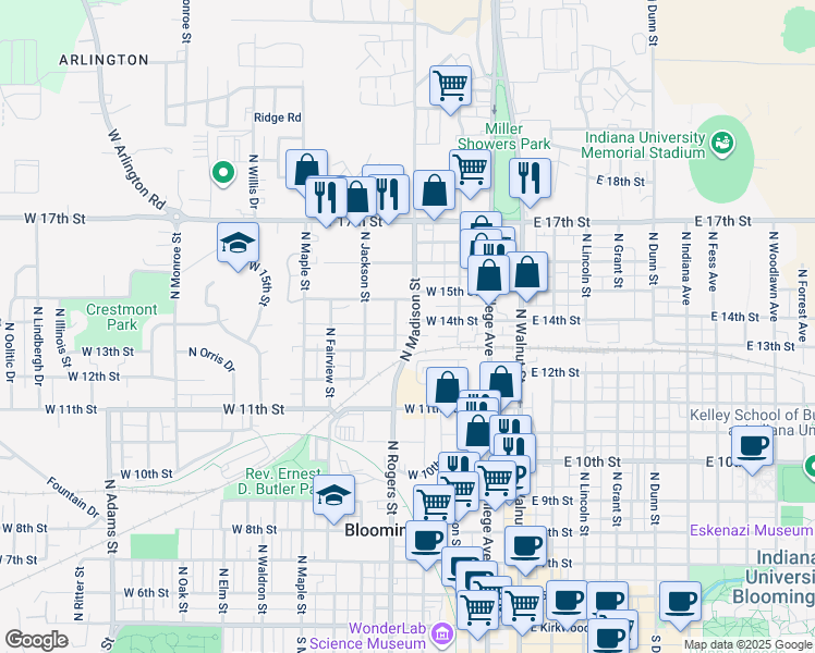map of restaurants, bars, coffee shops, grocery stores, and more near 911 North Madison Street in Bloomington