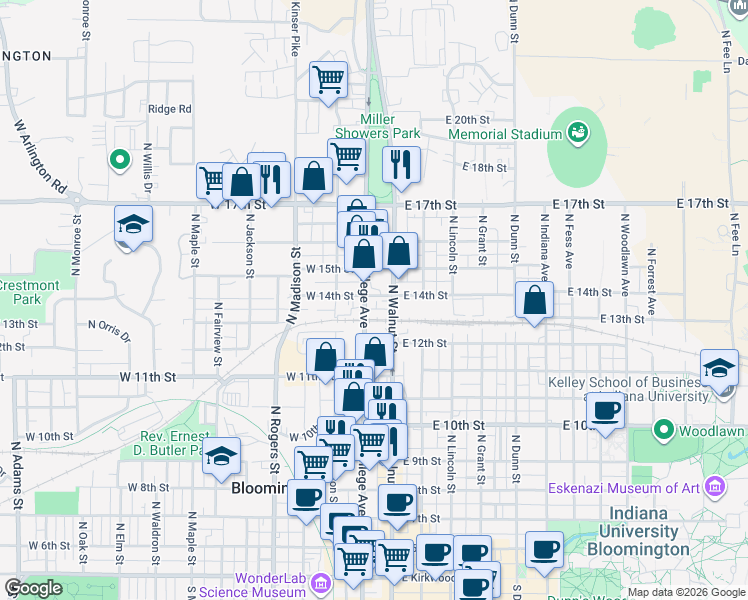 map of restaurants, bars, coffee shops, grocery stores, and more near 916 North College Avenue in Bloomington