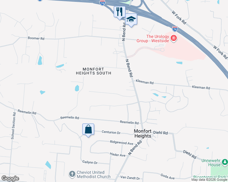 map of restaurants, bars, coffee shops, grocery stores, and more near 3591 Rackacres Drive in Cincinnati
