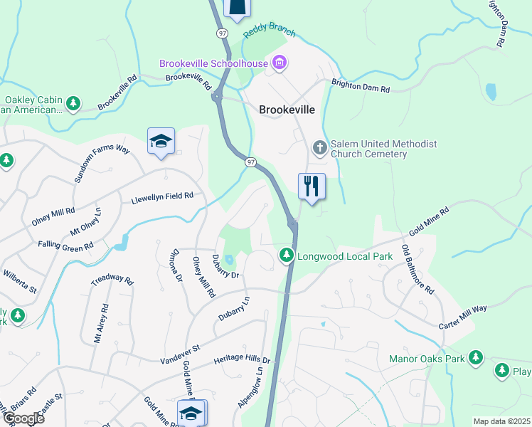 map of restaurants, bars, coffee shops, grocery stores, and more near 19425 Rena Court in Brookeville