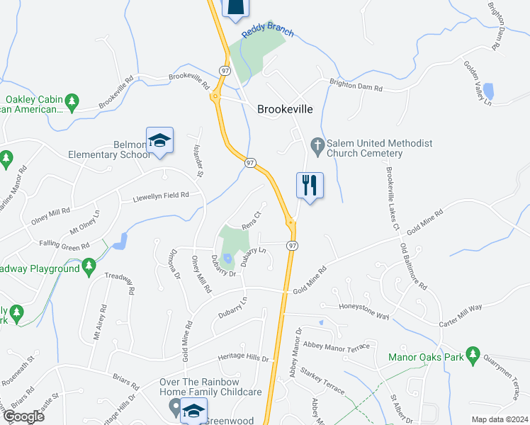 map of restaurants, bars, coffee shops, grocery stores, and more near 19425 Rena Court in Brookeville