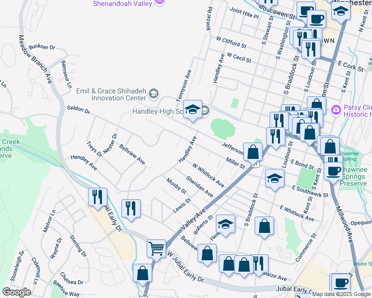 map of restaurants, bars, coffee shops, grocery stores, and more near 1315 Handley Avenue in Winchester