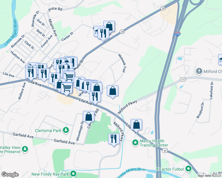 map of restaurants, bars, coffee shops, grocery stores, and more near 913 Mohawk Trail in Milford