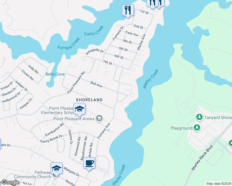 map of restaurants, bars, coffee shops, grocery stores, and more near 1532 Furnace Avenue in Glen Burnie