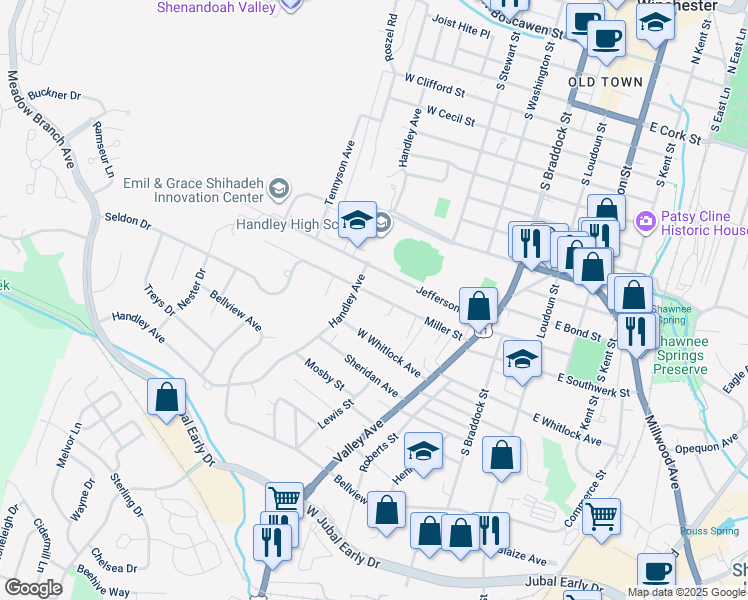 map of restaurants, bars, coffee shops, grocery stores, and more near 347 Miller Street in Winchester