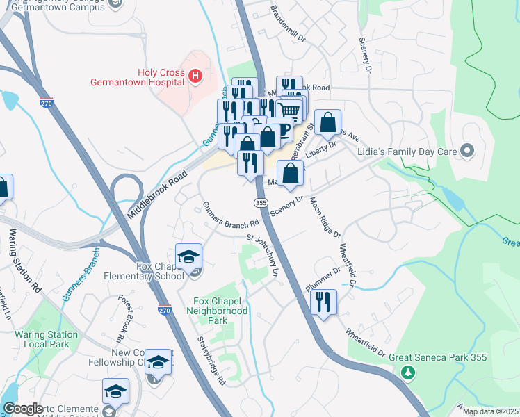 map of restaurants, bars, coffee shops, grocery stores, and more near 19500 Frederick Road in Germantown