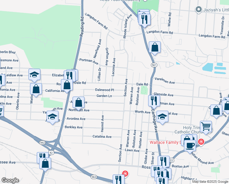 map of restaurants, bars, coffee shops, grocery stores, and more near 1942 Garden Lane in Cincinnati