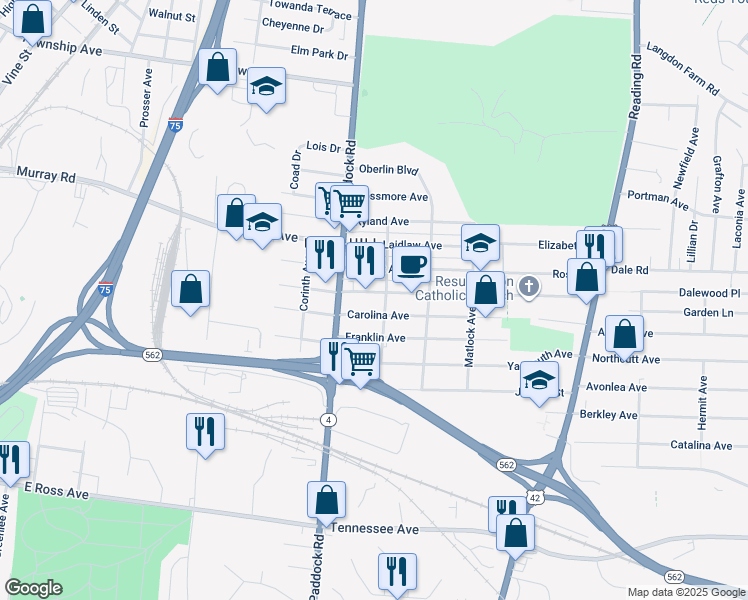 map of restaurants, bars, coffee shops, grocery stores, and more near 1216 Carolina Avenue in Cincinnati