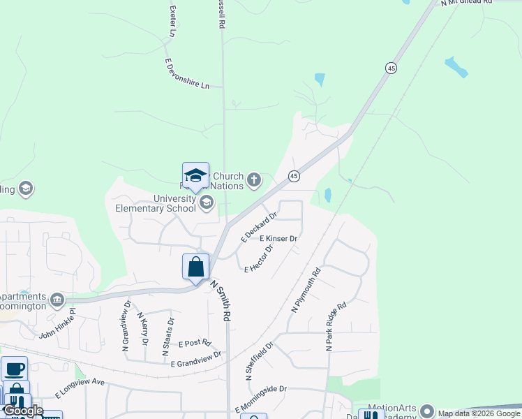 map of restaurants, bars, coffee shops, grocery stores, and more near 4343 East Deckard Drive in Bloomington