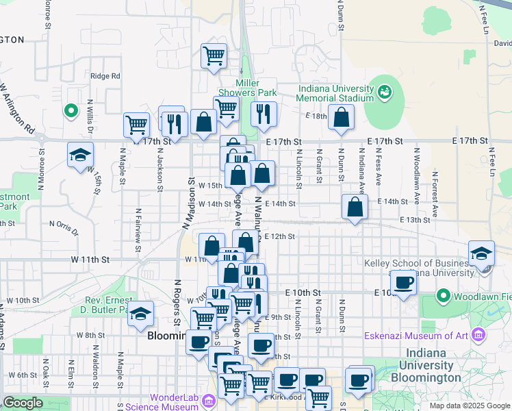 map of restaurants, bars, coffee shops, grocery stores, and more near 938 North Walnut Street in Bloomington