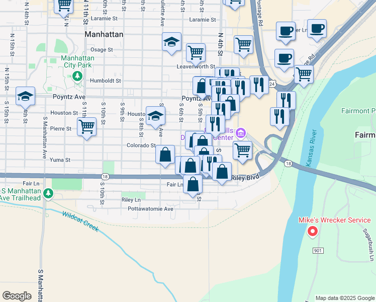 map of restaurants, bars, coffee shops, grocery stores, and more near 414 South 5th Street in Manhattan