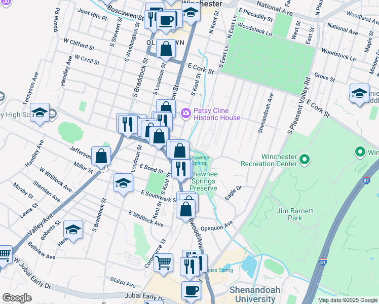 map of restaurants, bars, coffee shops, grocery stores, and more near 908 South Kent Street in Winchester