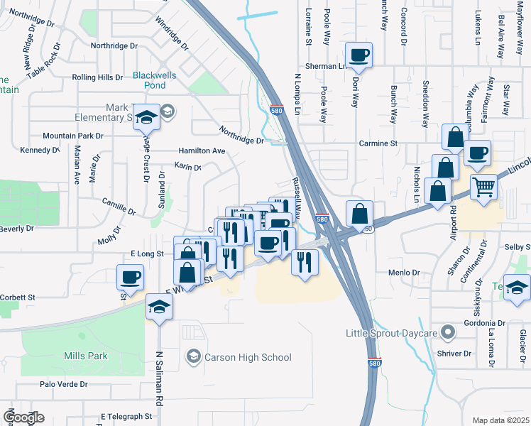 map of restaurants, bars, coffee shops, grocery stores, and more near 2200 East Long Street in Carson City