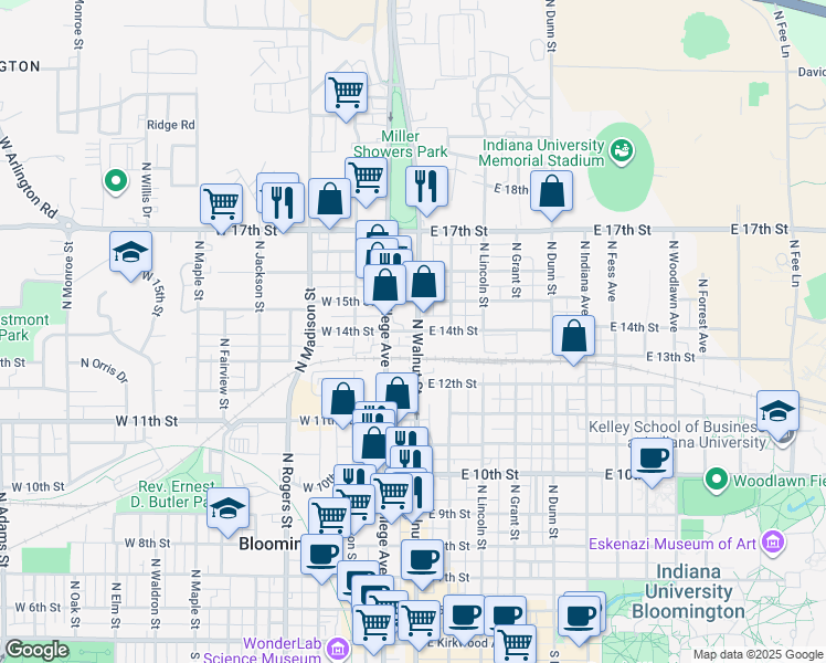 map of restaurants, bars, coffee shops, grocery stores, and more near 938 North Walnut Street in Bloomington