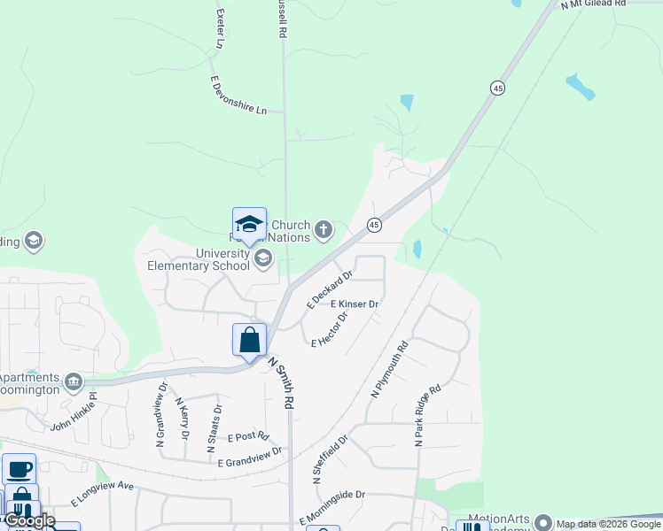 map of restaurants, bars, coffee shops, grocery stores, and more near 4343 East Deckard Drive in Bloomington