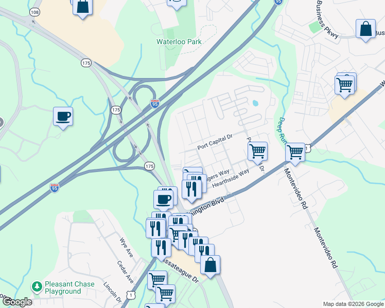 map of restaurants, bars, coffee shops, grocery stores, and more near 7112 Penny Lane in Elkridge