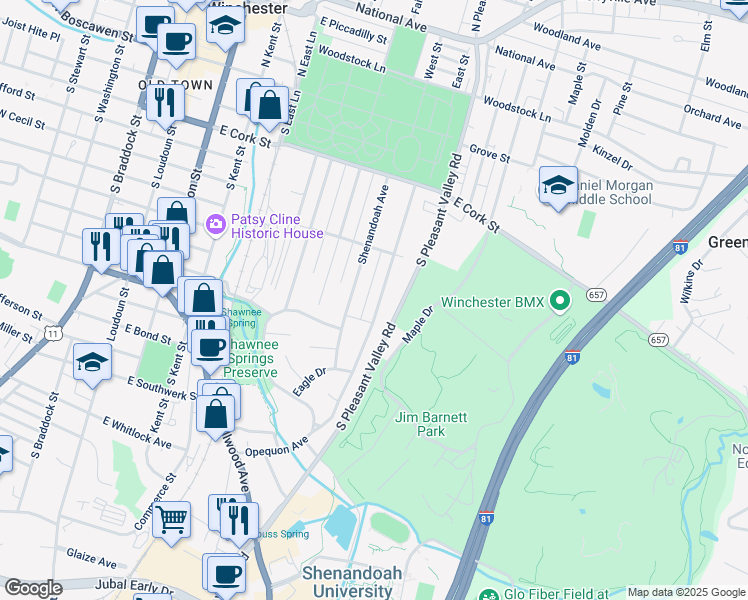 map of restaurants, bars, coffee shops, grocery stores, and more near 357 Opequon Avenue in Winchester