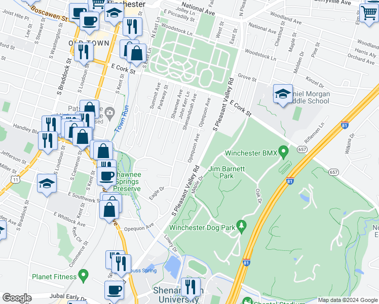 map of restaurants, bars, coffee shops, grocery stores, and more near 357 Opequon Avenue in Winchester