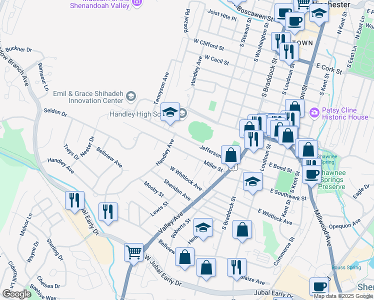 map of restaurants, bars, coffee shops, grocery stores, and more near 327 Miller Street in Winchester