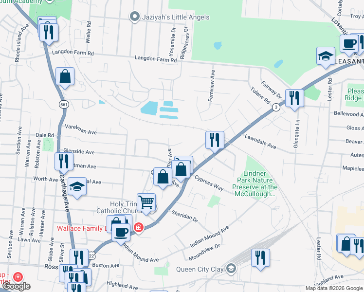 map of restaurants, bars, coffee shops, grocery stores, and more near 2529 Lysle Lane in Cincinnati