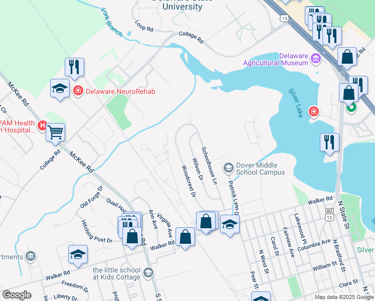 map of restaurants, bars, coffee shops, grocery stores, and more near 910 Wilson Drive in Dover