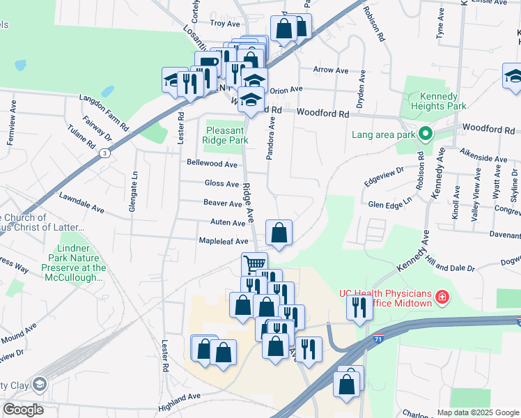 map of restaurants, bars, coffee shops, grocery stores, and more near 5753 Pandora Avenue in Cincinnati