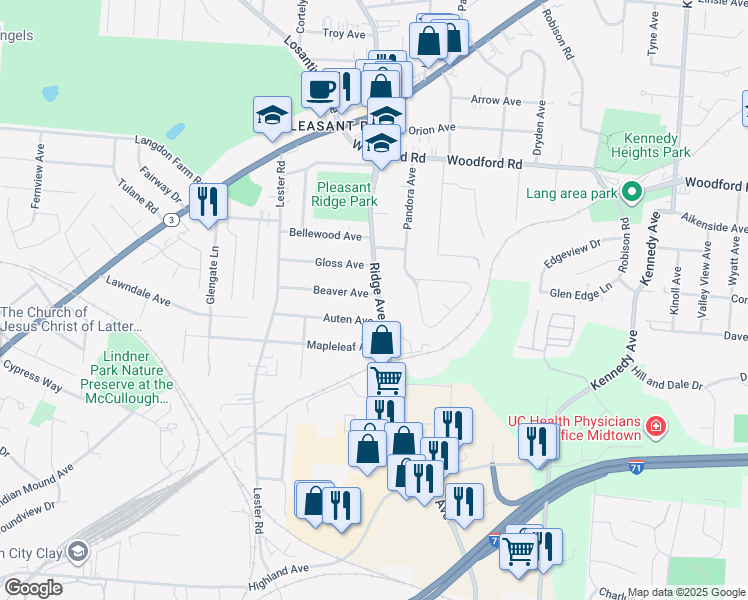 map of restaurants, bars, coffee shops, grocery stores, and more near 5639 Ridge Avenue in Cincinnati