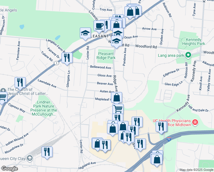 map of restaurants, bars, coffee shops, grocery stores, and more near 3124 Auten Avenue in Cincinnati