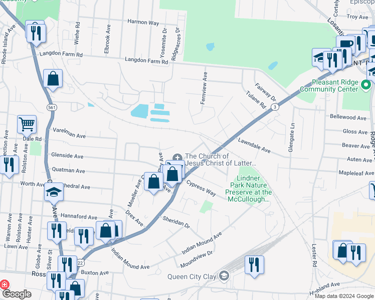 map of restaurants, bars, coffee shops, grocery stores, and more near 5517 Bosworth Place in Cincinnati