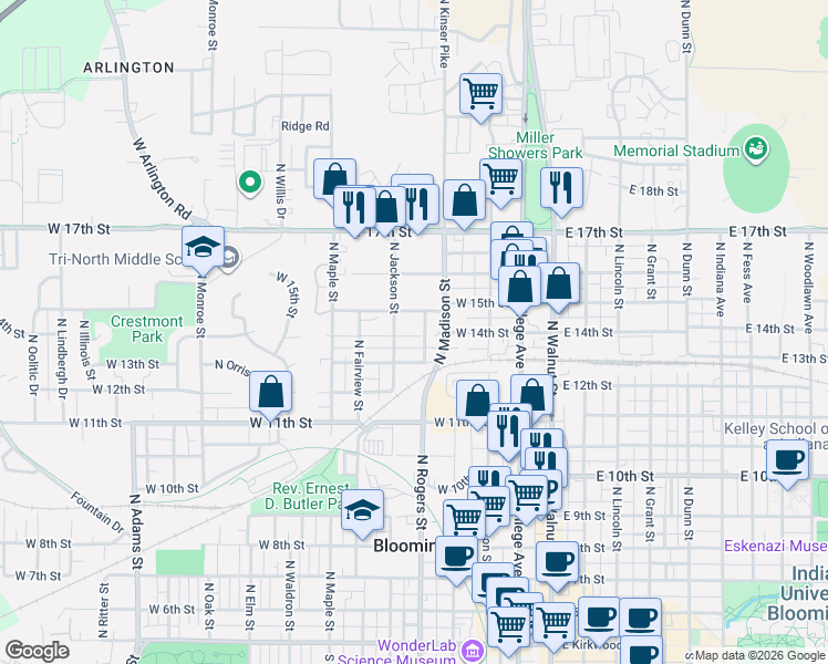 map of restaurants, bars, coffee shops, grocery stores, and more near 914 North Jackson Street in Bloomington