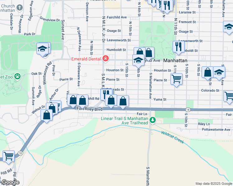 map of restaurants, bars, coffee shops, grocery stores, and more near 523 South Martin Luther King Junior Drive in Manhattan
