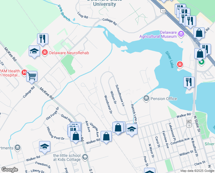 map of restaurants, bars, coffee shops, grocery stores, and more near 910 Wilson Drive in Dover