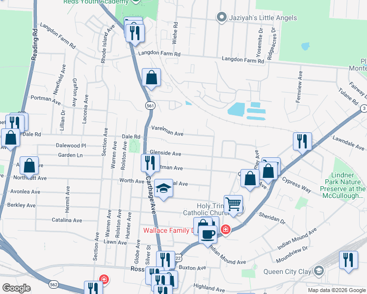 map of restaurants, bars, coffee shops, grocery stores, and more near 2216 Glenside Avenue in Cincinnati