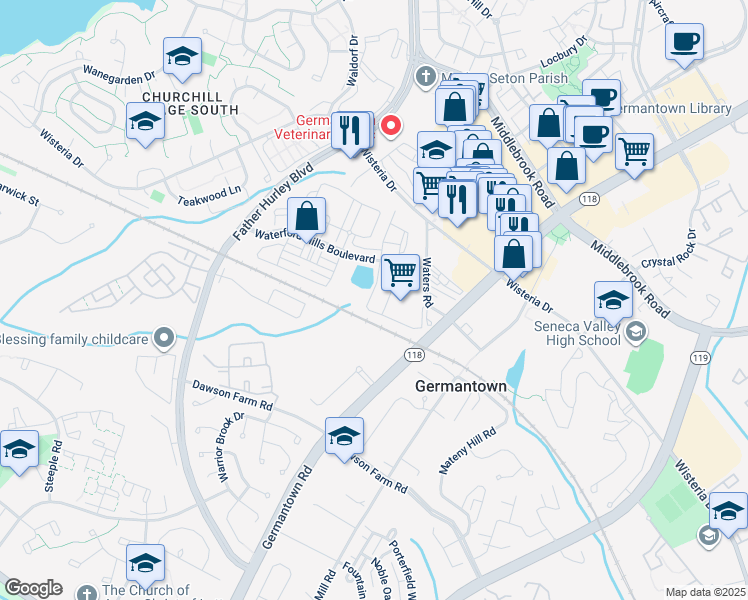 map of restaurants, bars, coffee shops, grocery stores, and more near 19709 Vaughn Landing Drive in Germantown