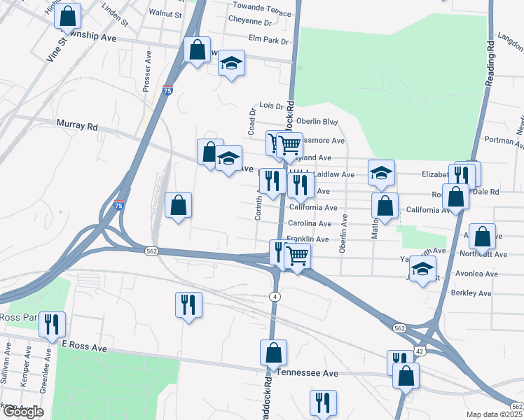 map of restaurants, bars, coffee shops, grocery stores, and more near 1144 Carolina Avenue in Cincinnati