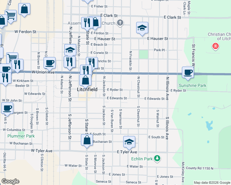 map of restaurants, bars, coffee shops, grocery stores, and more near 172 North Van Buren Street in Litchfield