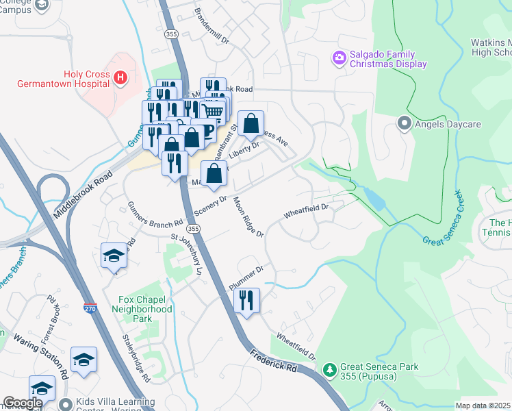 map of restaurants, bars, coffee shops, grocery stores, and more near 19561 Scenery Drive in Germantown