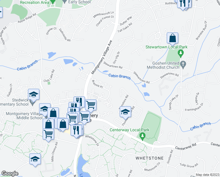 map of restaurants, bars, coffee shops, grocery stores, and more near 19515 Brassie Place in Montgomery Village