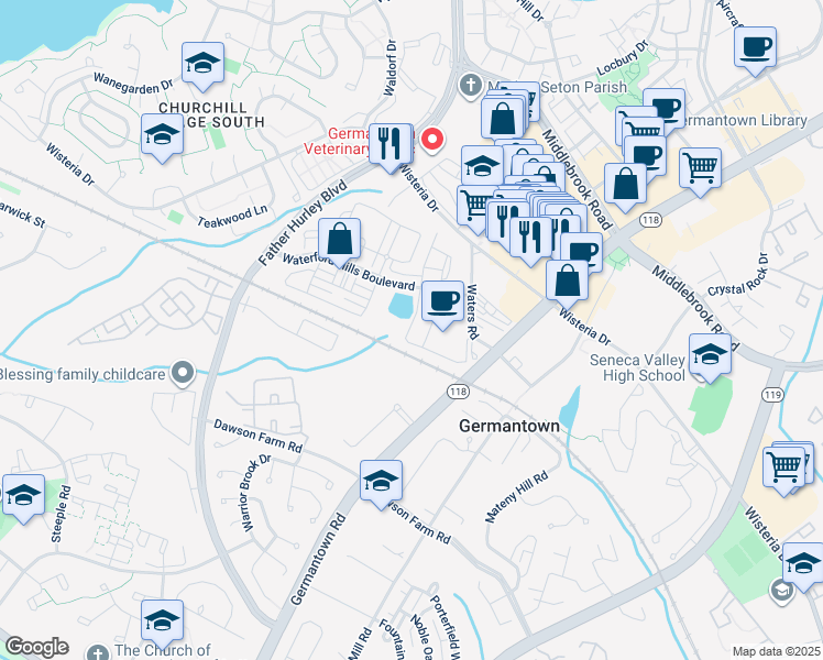 map of restaurants, bars, coffee shops, grocery stores, and more near 19709 Vaughn Landing Drive in Germantown
