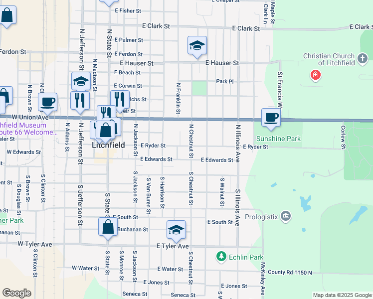 map of restaurants, bars, coffee shops, grocery stores, and more near 613 East Edwards Street in Litchfield