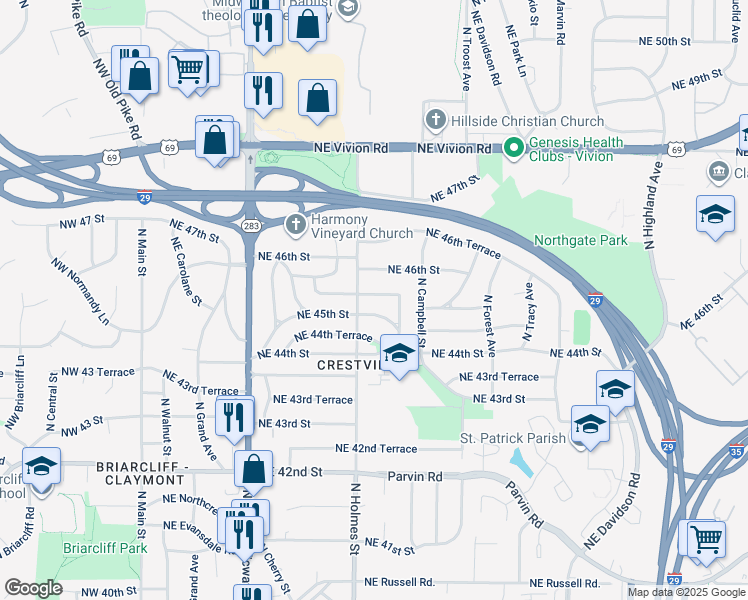 map of restaurants, bars, coffee shops, grocery stores, and more near 713 Northeast 45th Terrace in Kansas City