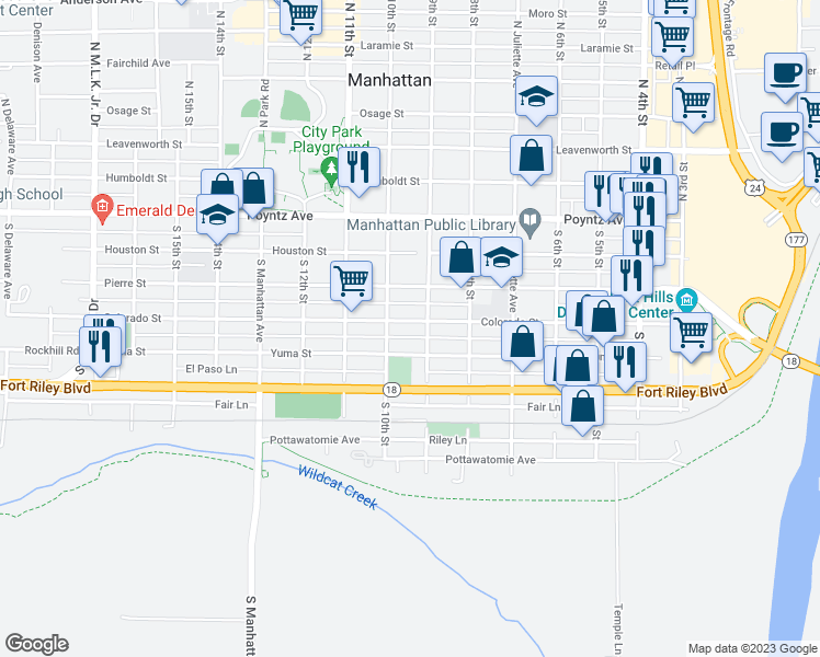 map of restaurants, bars, coffee shops, grocery stores, and more near 915 Colorado Street in Manhattan